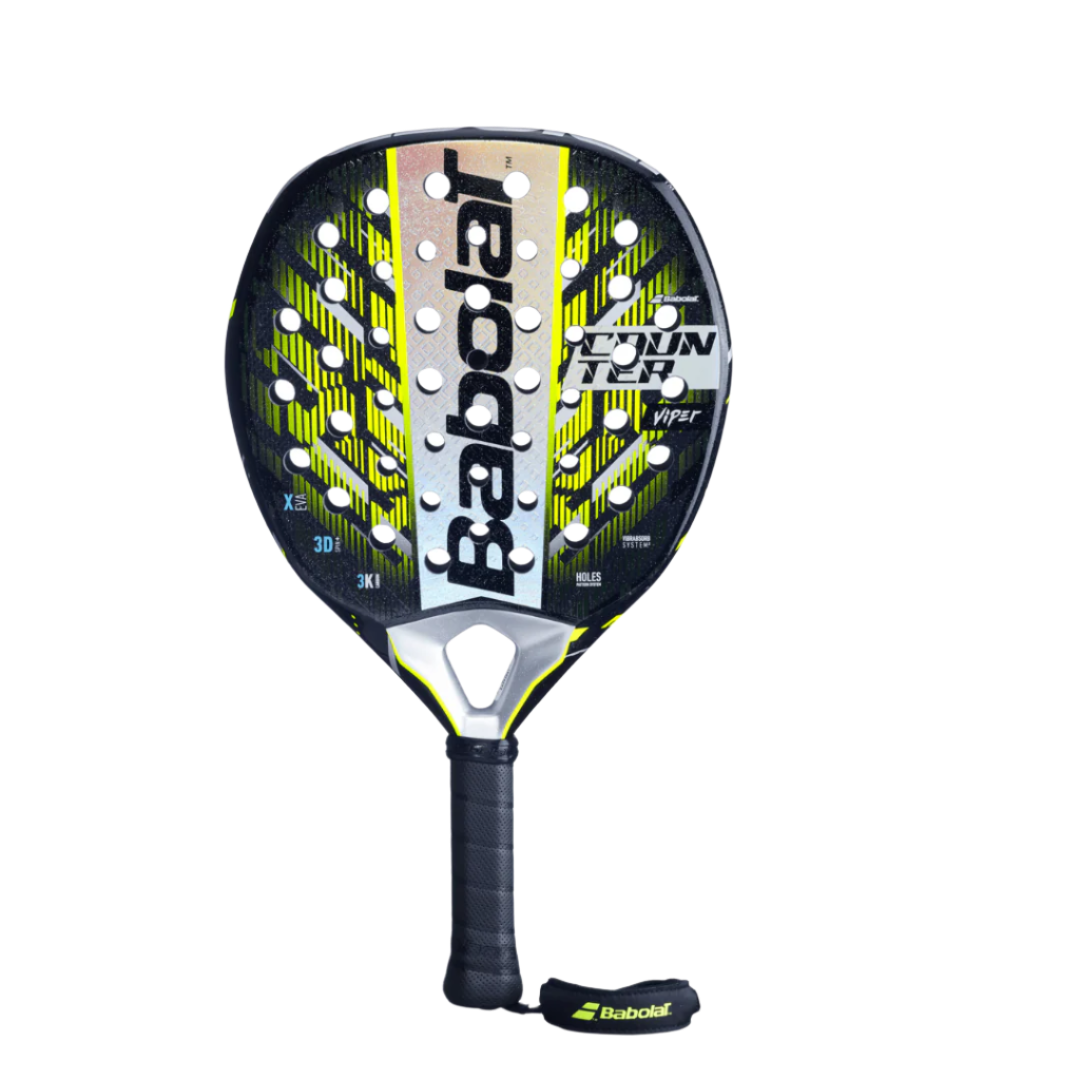 Babolat Counter Viper 2025 Padel Racket with black, yellow, and gray color scheme, featuring a large sweet spot and a teardrop shape.