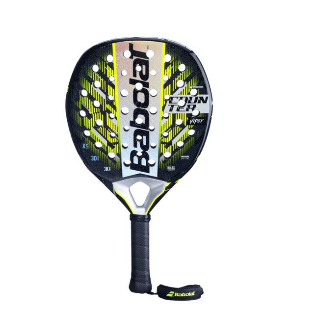 Babolat Counter Viper 2025 Padel Racket with black, yellow, and gray color scheme, featuring a large sweet spot and a teardrop shape.