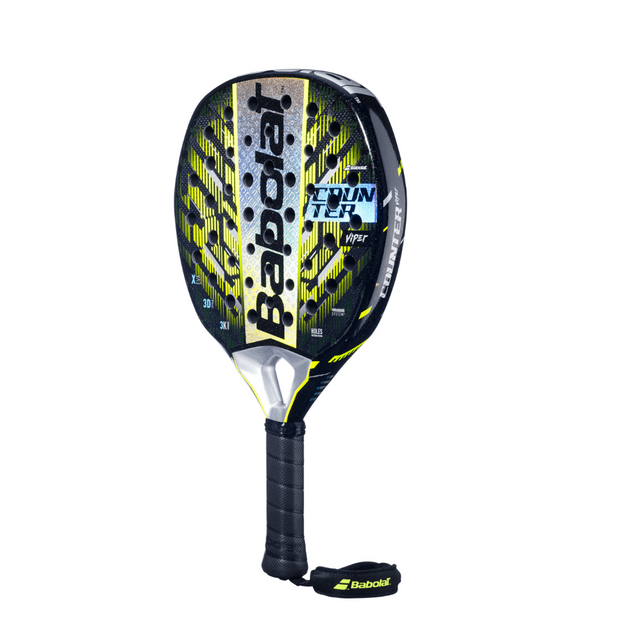 Babolat Padel racket with black, yellow, and gray design on a white background