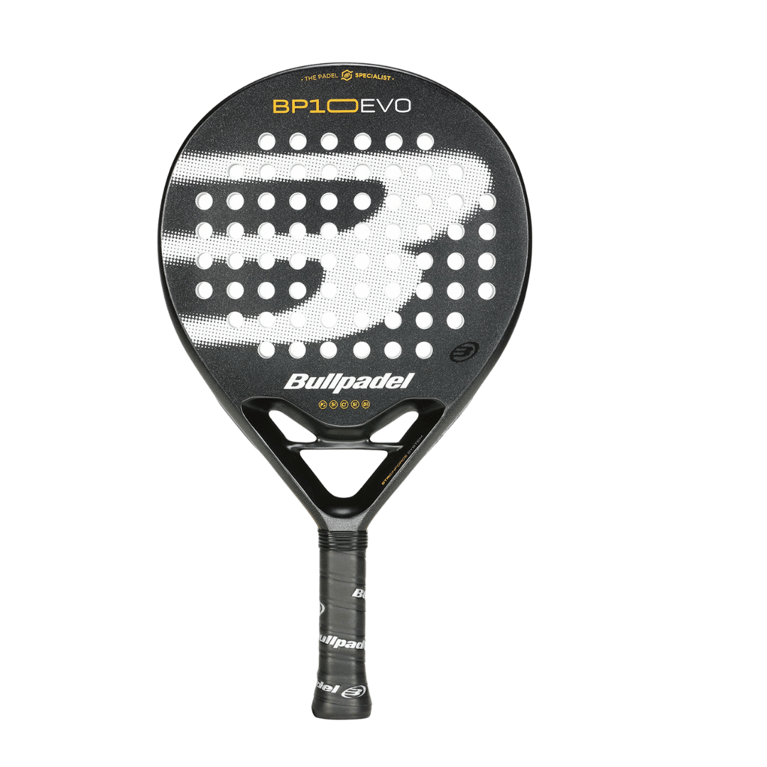 Bullpadel BP10 EVO 2025 model paddle tennis racket with a black and yellow design, featuring brand logo and model name.
