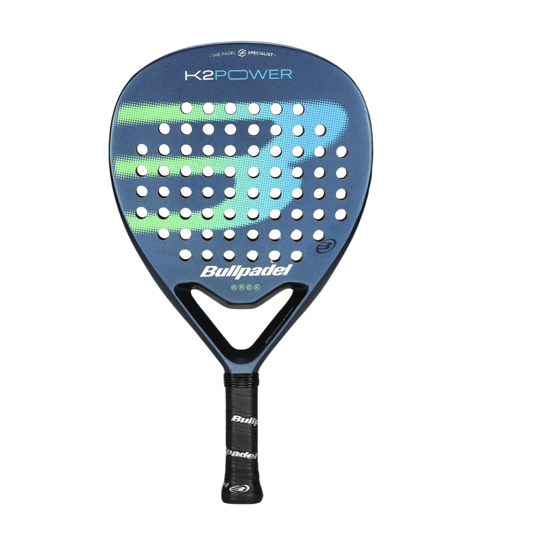 Bullpadel K2 Power 2025 padel racket with a blue and black color scheme and diamond-shaped racket head.
