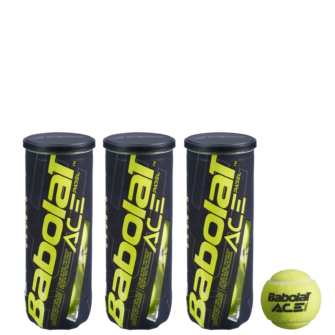 Three tubes of Babolat Ace tennis balls, each tube is marked with the Babolat logo and the text 'ACE', displayed against a black background.