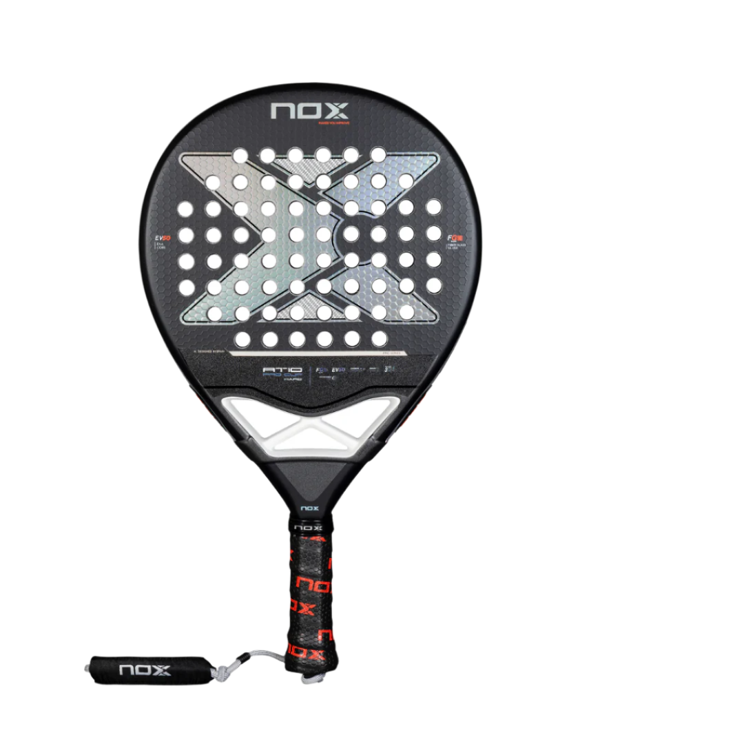 A Nox AT10 Pro Cup Hard Padel Racket with a predominantly black frame and white and black detailing.