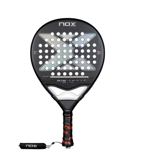 A Nox AT10 Pro Cup Hard Padel Racket with a predominantly black frame and white and black detailing.