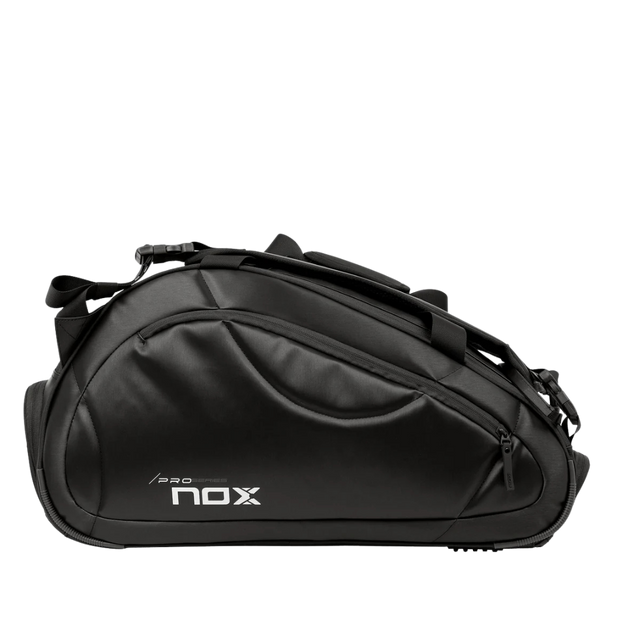 A black Nox Pro Series Padel bag with multiple compartments and the brand logo visible on the side.