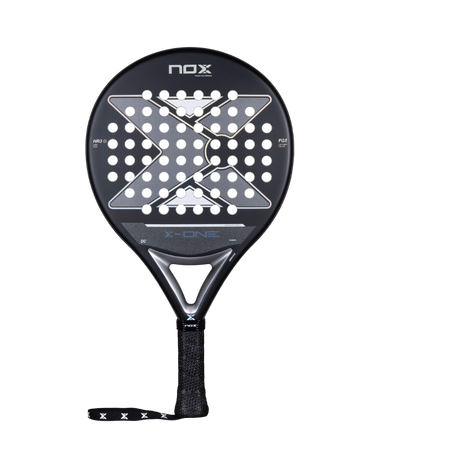 Nox X-One Padel Racket with black and white design, featuring the Nox logo and model name on the grip side.
