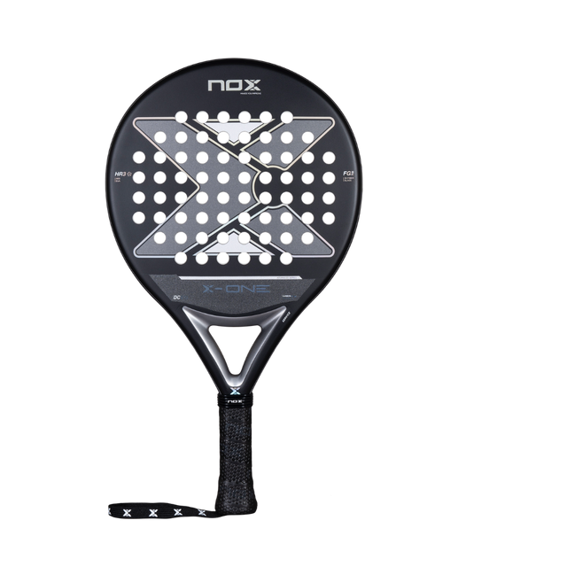 Nox X-One Padel Racket with black and white design, featuring the Nox logo and model name on the grip side.