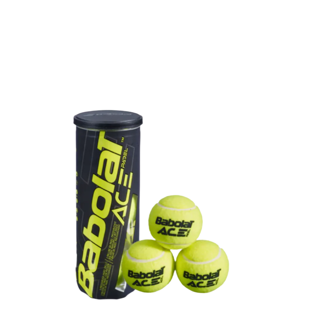 A tube of three Babolat Ace tennis balls, with the brand logo visible on the tube, against a white background.