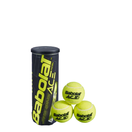 A tube of three Babolat Ace tennis balls, with the brand logo visible on the tube, against a white background.