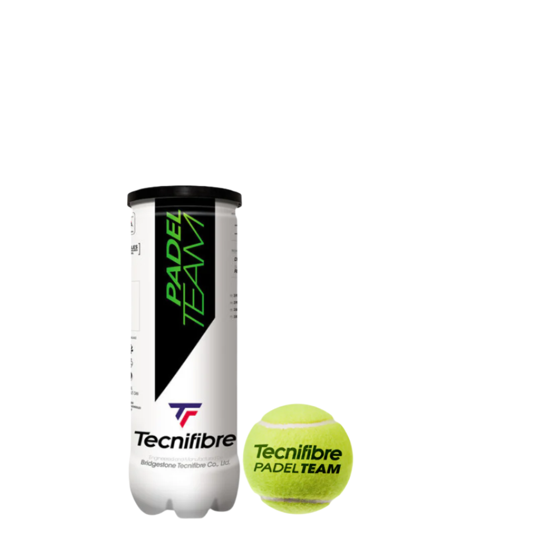 A tube of three Tecnifibre Padel Team balls, with one ball outside the tube displaying the Tecnifibre logo.