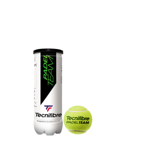 A tube of three Tecnifibre Padel Team balls, with one ball outside the tube displaying the Tecnifibre logo.