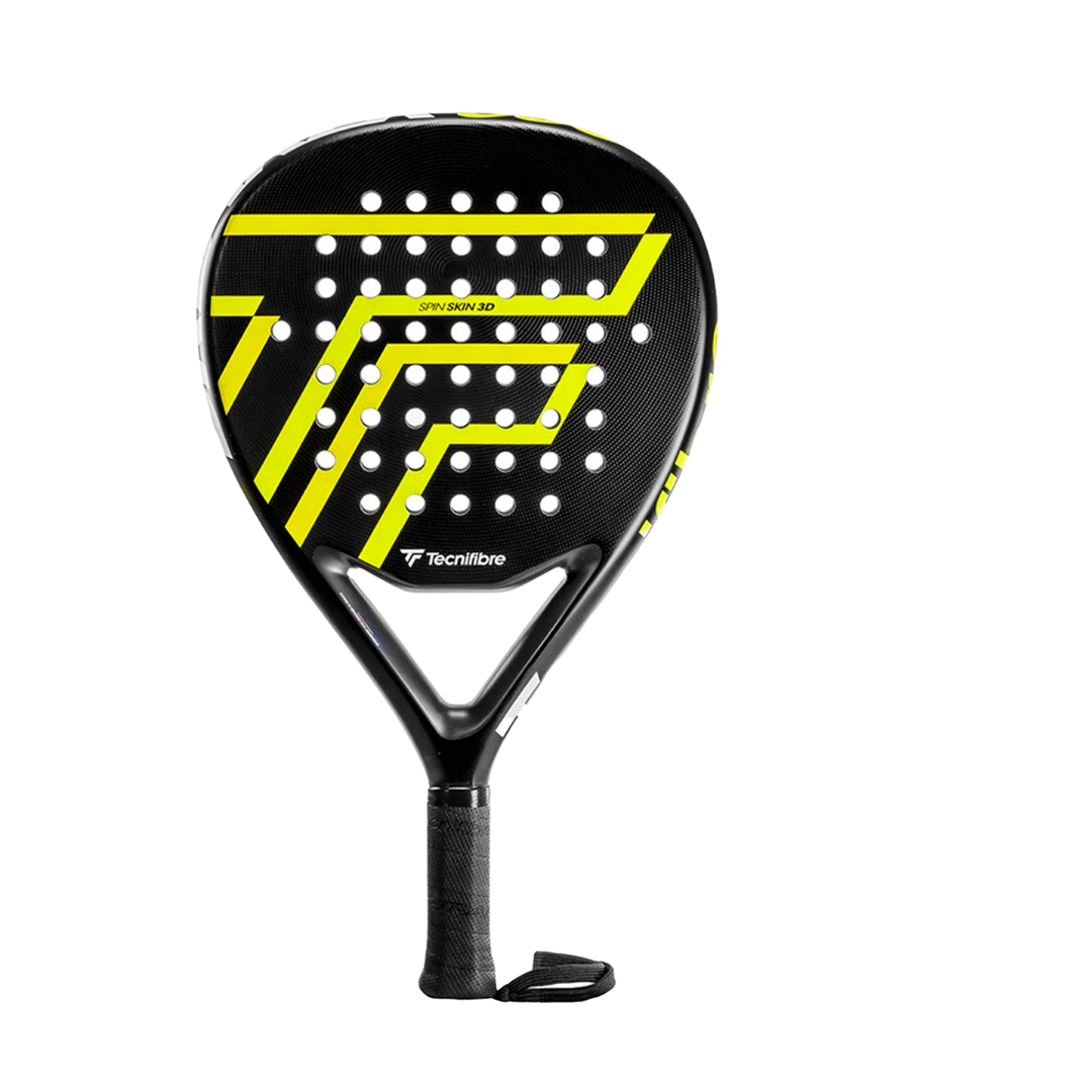 A black Tecnifibre Wall Breaker 360 paddle racket with yellow accents and text on the surface.