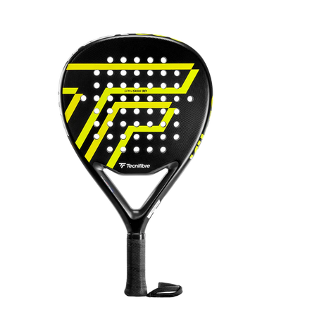 A black Tecnifibre Wall Breaker 360 paddle racket with yellow accents and text on the surface.