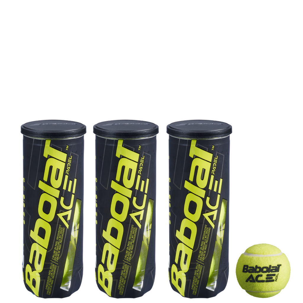Three tubes of Babolat Ace tennis balls, each tube is marked with the Babolat logo and the text 'ACE', displayed against a black background.