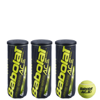 Three tubes of Babolat Ace tennis balls, each tube is marked with the Babolat logo and the text 'ACE', displayed against a black background.