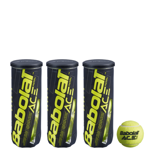 Three tubes of Babolat Ace tennis balls, each tube is marked with the Babolat logo and the text 'ACE', displayed against a black background.