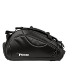 A black Nox Pro Series Padel bag with multiple compartments and the brand logo visible on the side.